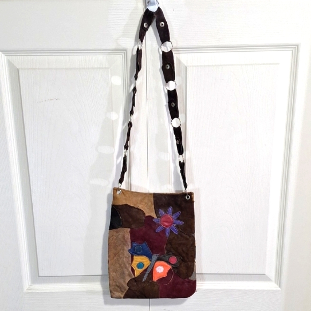 Genuine Leather Made In Spain Butterfly Floral Brown Tan Patchwork Crossbody Bag